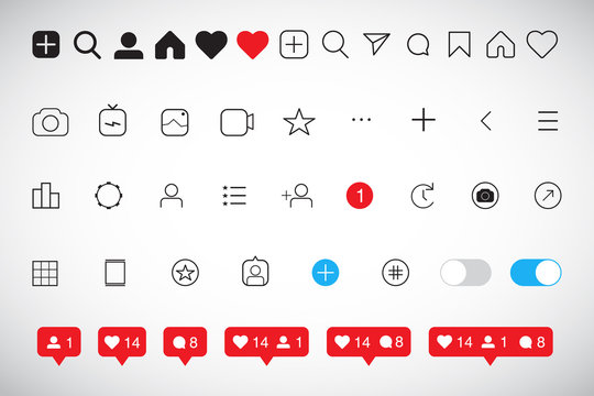 Set of social media icons inspired by Instagram: like, follower, comment, home, camera, user, search. EPS10 Vector illustration