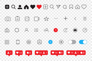 Set of social media icons inspired by Instagram: like, follower, comment, home, camera, user, search. EPS10 Vector illustration