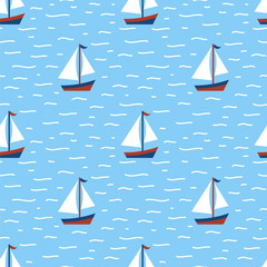 Nautical seamless patterns, yacht silhouette on wave, travel adventure vector illustration