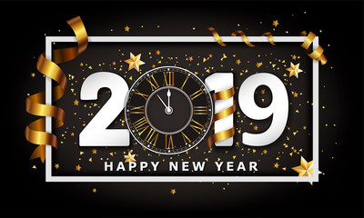 New Year Typographical Creative Background 2019 With Clock
