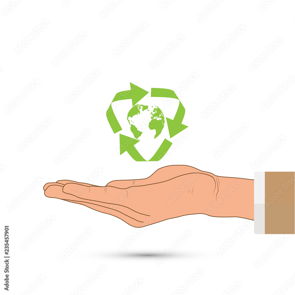 Wall mural hand holding green recycle sign and globe, environmental concept vector illustration