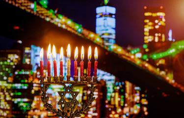 jewish symbol jewish holiday Hanukkah with menorah Brooklyn Bridg, New York City