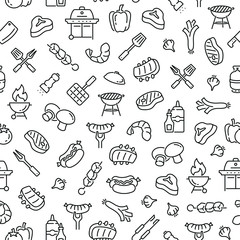 Seamless pattern with barbecue. Black and white thin line icons