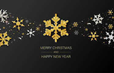 Merry Christmas and Happy New Year poster with shiny snowflakes.