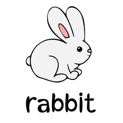 Children`s word card, learning, vocabulary, education, english language, cartoon vector bunny, black outline, line art, rabbit