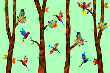 Low poly colorful Hummingbird with tree on falling leaves back ground, birds on the branches ,animal geometric concept,vector.