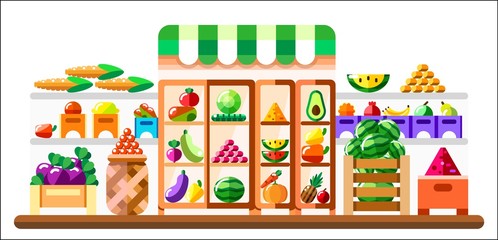 Vegetable shop indoor with showcase and refrigerator. Supermarket interior with goodies. Fruits and vegetables in basket, boxes and containers. Healthy eating and eco food. Flat illustration