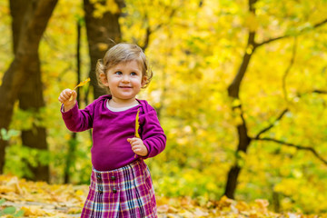 Happy Cute Little Child Sitting in the Autumn  Park Playing with the Leaves