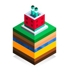 Factory building in isometric style. The structure of the earth. Cartoon scheme. Isolated on white background. Geology scheme. Flat stock illustration