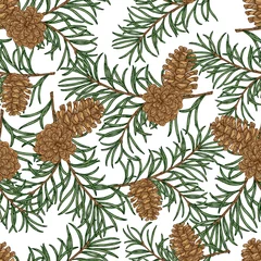 Gordijnen Seamless pattern with hand drawn pine cones and branches. Vector illustration engraved. Design for Christmas greeting cards and packaging. © J_ka