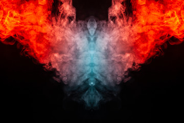 Obraz na płótnie Canvas Abstract pattern of colored smoke backlit orange and red in the shape of a mystical-looking bird or a ghost-head on a black isolated background. Soul and inner state of thoughts.