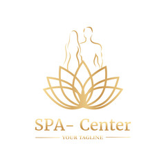Vector logo template for SPA salon, cosmetology room, massage, boutique hotel, wellness centre. Illustration of lotus with gold gradient and silhouettes of man and woman. EPS10.