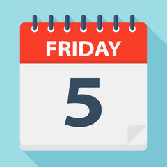 Friday 5 - Calendar Icon. Vector illustration of week day paper leaf.