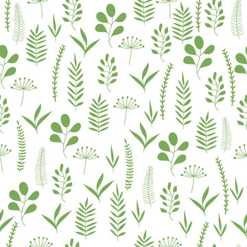Green herbs and leaves seamless pattern. Scandinavian background. Nature style.