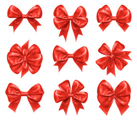 Bow knots for new year and christmas gift decorations. Set of isolated knotted favor or favour ribbon for gift or present ornament, tied bow-knot for wedding and valentine day, anniversary and holiday