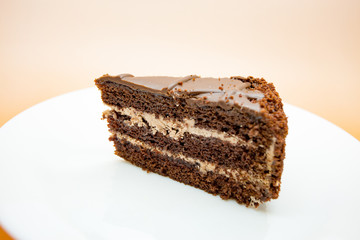A slice of chocolate cake on a light background