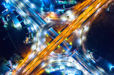 Aerial view and top view of traffic on city streets in bangkok , thailand. Expressway with car lots. - obrazy, fototapety, plakaty