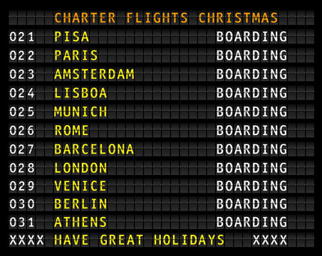 airport flight information display with christmas charter flights, european destinations. Vector illustration