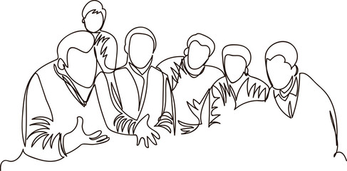 a group of people discuss the work. one continuous line