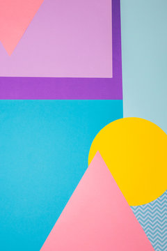 Texture background of fashion colorful papers in memphis geometry style. Flat lay, Top view. 80s or 90s concept.Minimalism