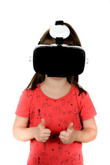little girl with virtual reality glasses isolated on white background.Modern gadget