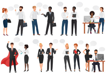 Businessmen, office people discussion, talkking chat, dialogue speech bubbles vector illustration.