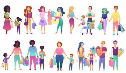 Fototapeta na wymiar Set of shopping family people isolated vector illustration set.