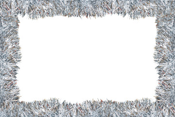 Frame made from silver tinsel decorations for christmas, isolated on white background with clipping path and copy space.