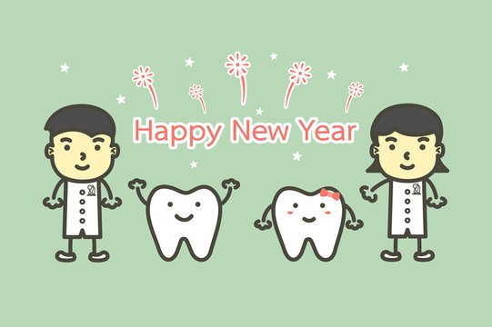 happy tooth and dentist with text for Happy New Year - teeth cartoon vector