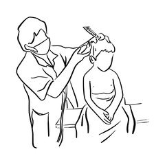 little kid getting haircut at kids barbershop vector illustration sketch doodle hand drawn with black lines isolated on white background
