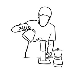 arista pouring fresh coffee through filter in modern cafe vector illustration sketch doodle hand drawn with black lines isolated on white background
