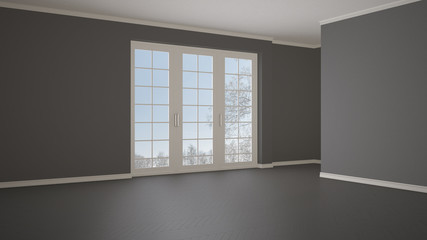 Empty room interior design, open space with big panoramic window on winter meadow with snow and trees, parquet herringbone wooden floor, white and gray, modern contemporary architecture