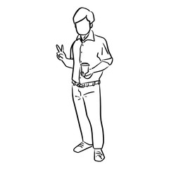 businessman holding a cup of coffee with victory sign vector illustration sketch doodle hand drawn with black lines isolated on white background