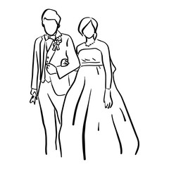 Wedding couple bride and groom standing together vector illustration sketch doodle hand drawn with black lines isolated on white background