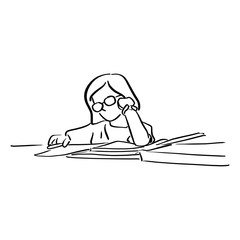Obraz na płótnie Canvas little girl with glasses doing homeworks on table vector illustration sketch doodle hand drawn with black lines isolated on white background