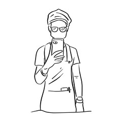 man with glasses taking photo himself on the mirror in toilet vector illustration sketch doodle hand drawn with black lines isolated on white background