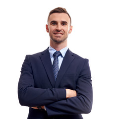 business, people and office concept - happy smiling businessman in suit