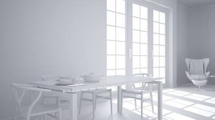 Total white project of classic kitchen, dining table laid for two with chairs, big panoramic window, minimalist modern interior design