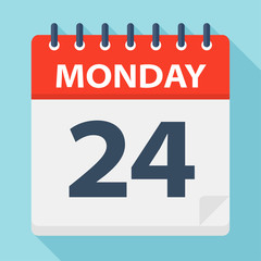 Monday 24 - Calendar Icon. Vector illustration of week day paper leaf.