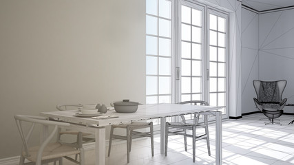 Unfinished project draft of classic kitchen, dining table laid for two, chairs and herringbone parquet, panoramic window, minimalist modern interior design