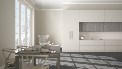 Classic kitchen with wooden, gray and beige details, dining table laid for two, chairs and herringbone parquet, panoramic window on winter trees landscape, minimalist interior design
