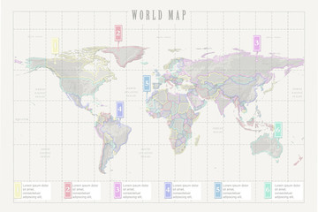 Simplified political world map with relif. Flat design with grid, label and legend on the map