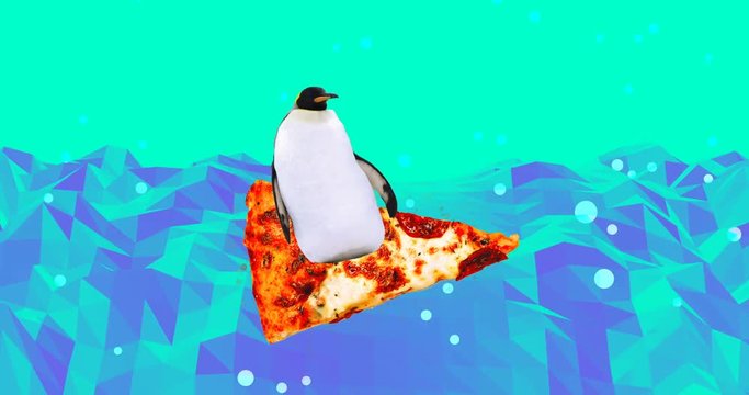 Animation minimal design. Penguinsurfs on pizza. Fun Fast food art. Pizza lover