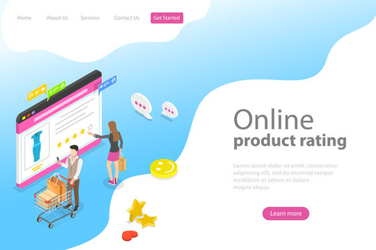 Isometric flat vector landing page template of product rating, customer feedback, opinion and review, online survey.