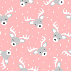 Cute reindeer cartoon deer seamless pattern with snow. Christmas vector illustration