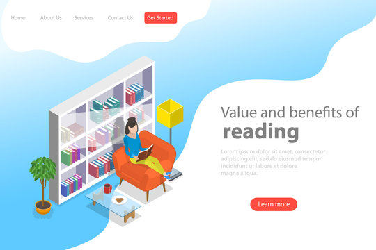 Isometric flat vector landing page template of reading, favorite book, education.