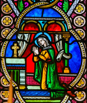 Stained Glass in Monaco Cathedral - Mother Mary in Prayer