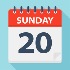 Sunday 20 - Calendar Icon. Vector illustration of week day paper leaf.