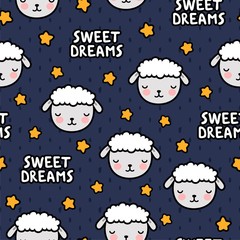 Cute Cartoon Sheep Seamless Pattern Background, Illustration Vector