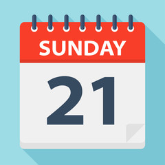 Sunday 21 - Calendar Icon. Vector illustration of week day paper leaf.